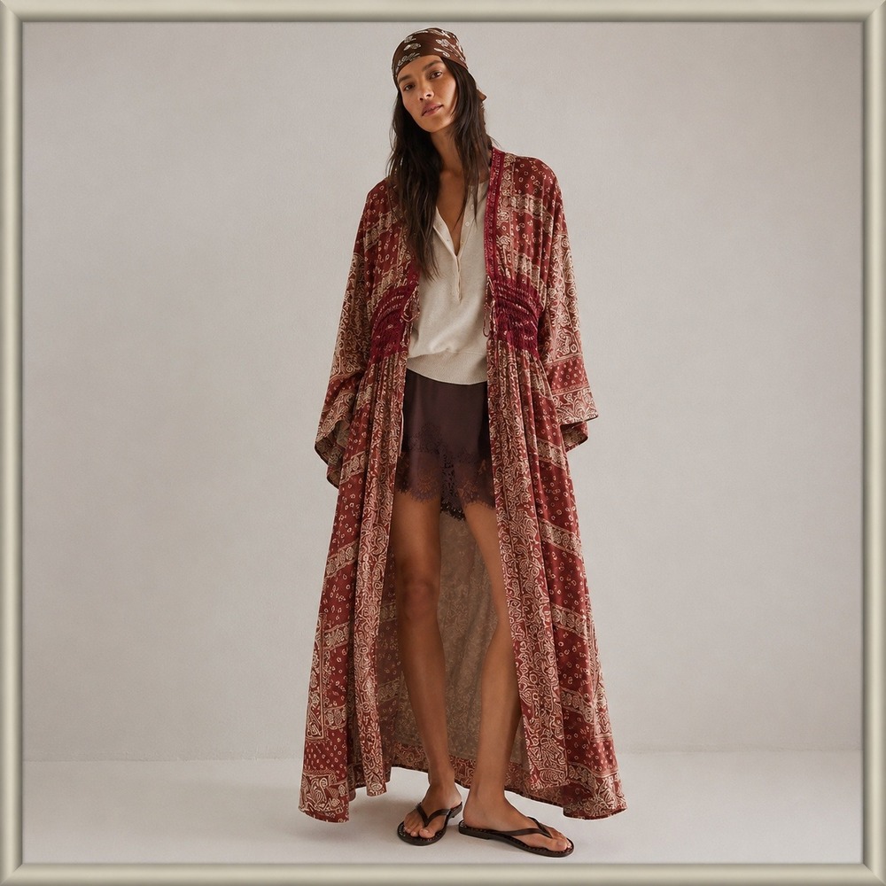 Boho Patchwork Paisley‎ Duster Kaftan Womens L Burgundy Sheer Lace Festival  NWT